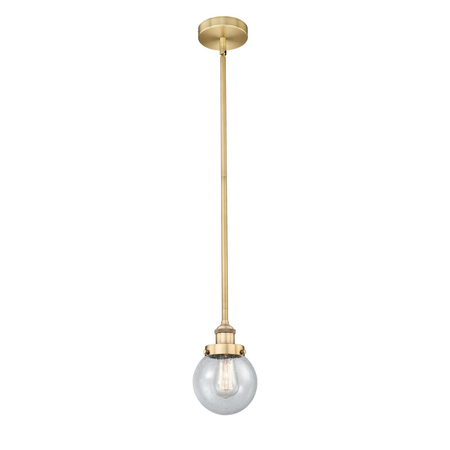 Innovations Beacon 6in 1-Light Mini Pendant | Industrial Brushed Brass Steel and Seedy Glass | Kitchen Island & Dining Room | 6 | Model 616-1SH-BB-G204-6