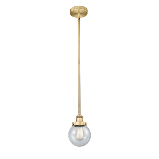 Innovations Beacon 6in 1-Light Mini Pendant | Industrial Brushed Brass Steel and Seedy Glass | Kitchen Island & Dining Room | Model 616-1SH-BB-G204-6-LED