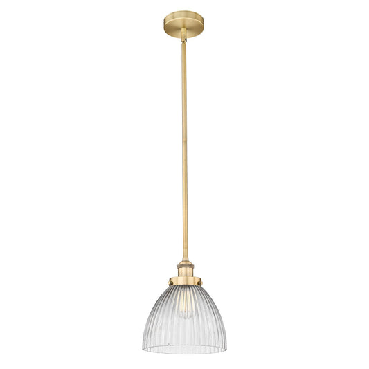 Innovations Seneca Falls 10in 1-Light Mini Pendant | Industrial Brushed Brass and Clear Halophane Glass | Kitchen Island & | Model 616-1SH-BB-G222-LED