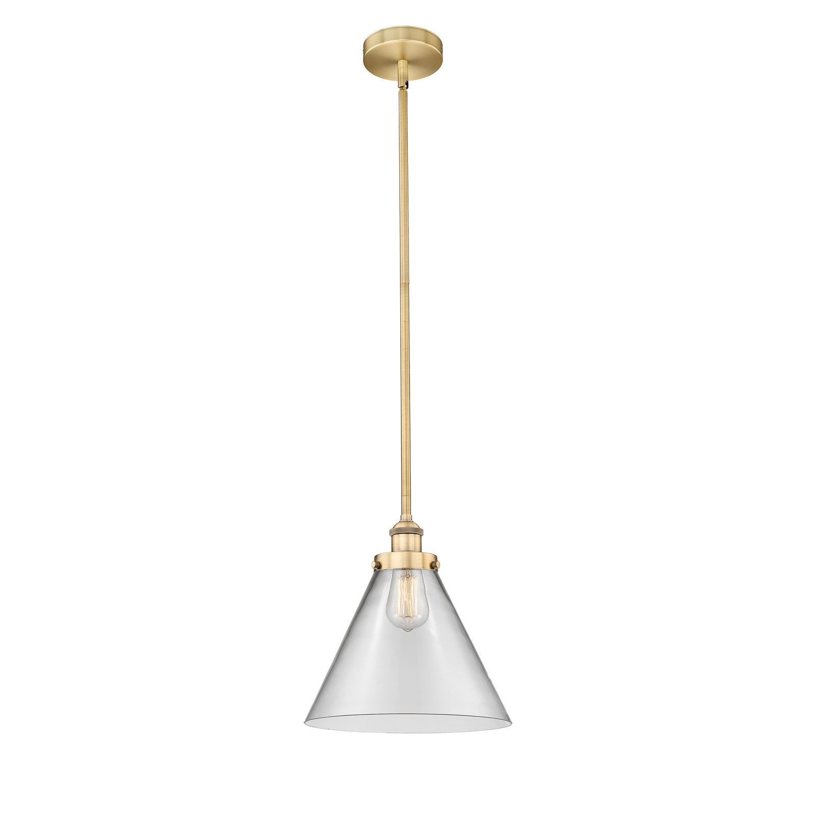 Innovations Cone 12in 1-Light Mini Pendant | Industrial Brushed Brass Steel and Clear Glass | Kitchen Island & Dining Room | Model 616-1SH-BB-G42-L-LED