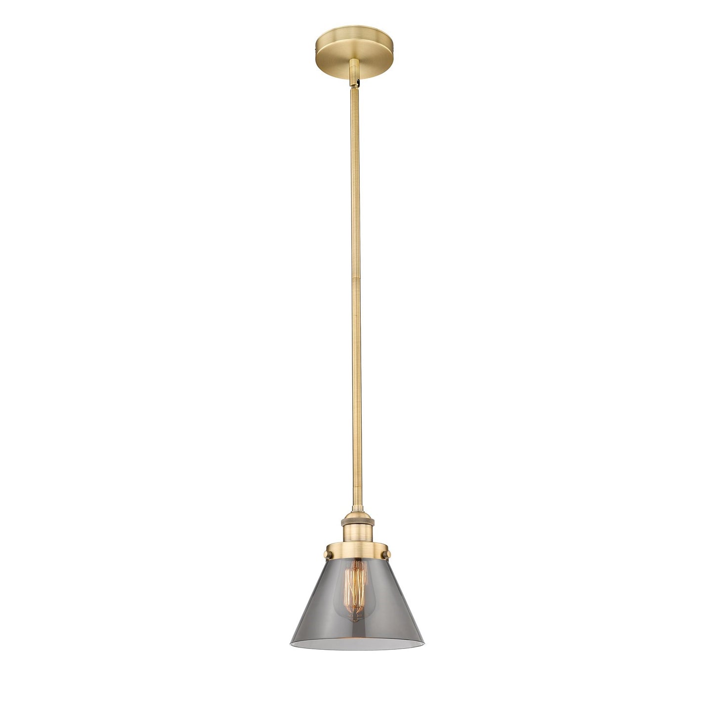 Innovations Cone 8in 1-Light Mini Pendant | Industrial Brushed Brass Steel and Light Smoke Glass | Kitchen Island & Dining Room | Model 616-1SH-BB-G43-LED