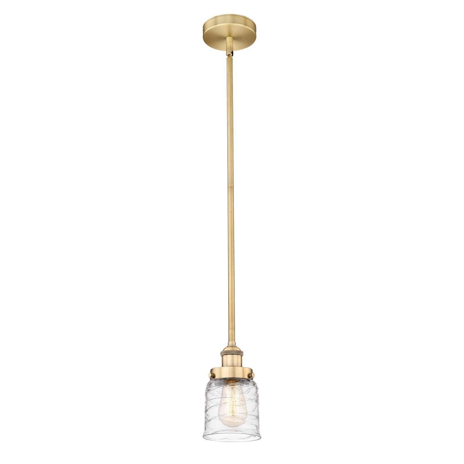 Innovations Bell 5in 1-Light Mini Pendant | Industrial Brushed Brass Steel and Clear Deco Swirl Glass | Kitchen Island & Dining | Model 616-1SH-BB-G513