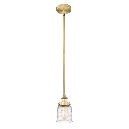 Innovations Bell 5in 1-Light Mini Pendant | Industrial Brushed Brass Steel and Clear Deco Swirl Glass | Kitchen Island & | Model 616-1SH-BB-G513-LED