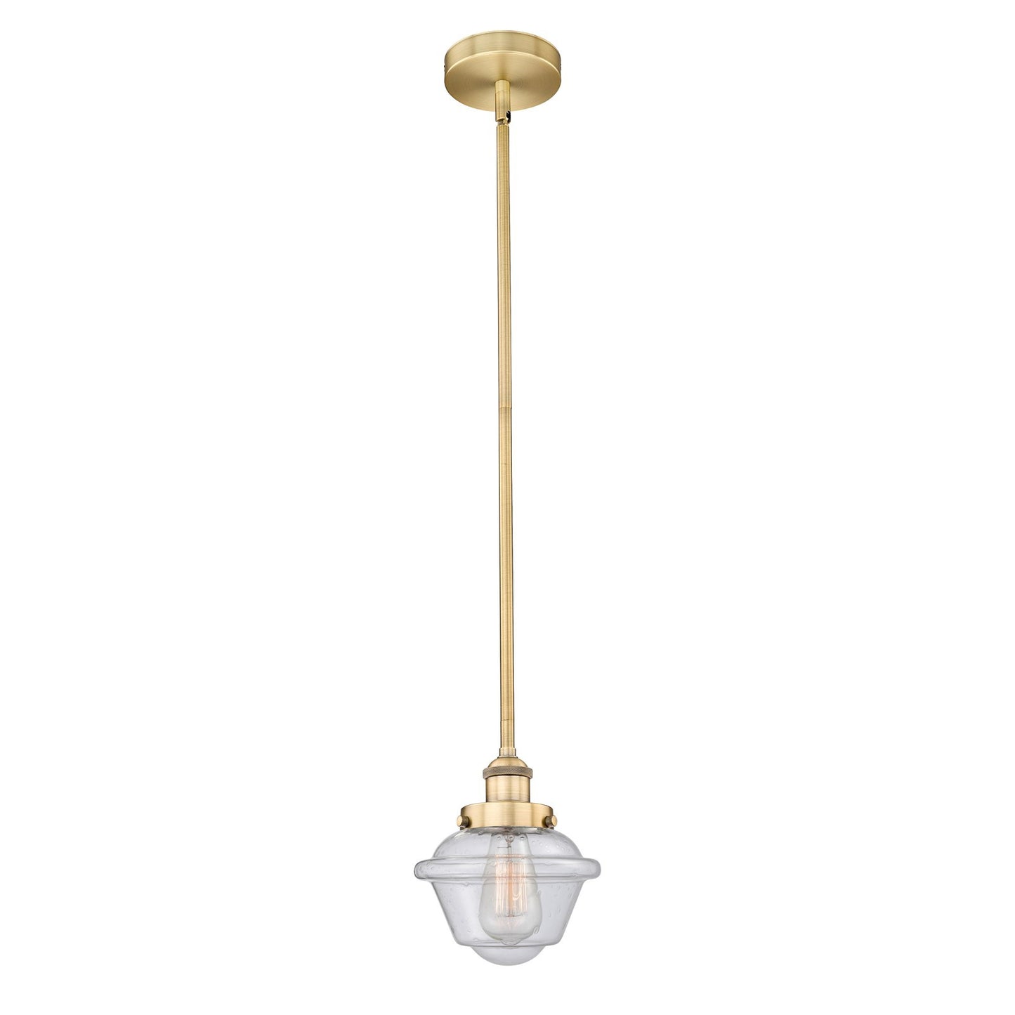 Innovations Oxford 7.25in 1-Light Mini Pendant | Traditional Brushed Brass Steel and Seedy Schoolhouse Glass | Kitchen Island | Model 616-1SH-BB-G534-LED