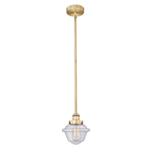 Innovations Oxford 7.25in 1-Light Mini Pendant | Traditional Brushed Brass Steel and Seedy Schoolhouse Glass | Kitchen Island | Model 616-1SH-BB-G534-LED