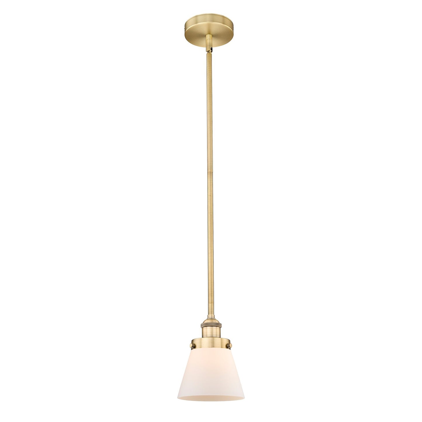 Innovations Cone 6.25in 1-Light Mini Pendant | Industrial Brushed Brass Steel and Matte White Frosted Glass | Kitchen Island & | Model 616-1SH-BB-G61