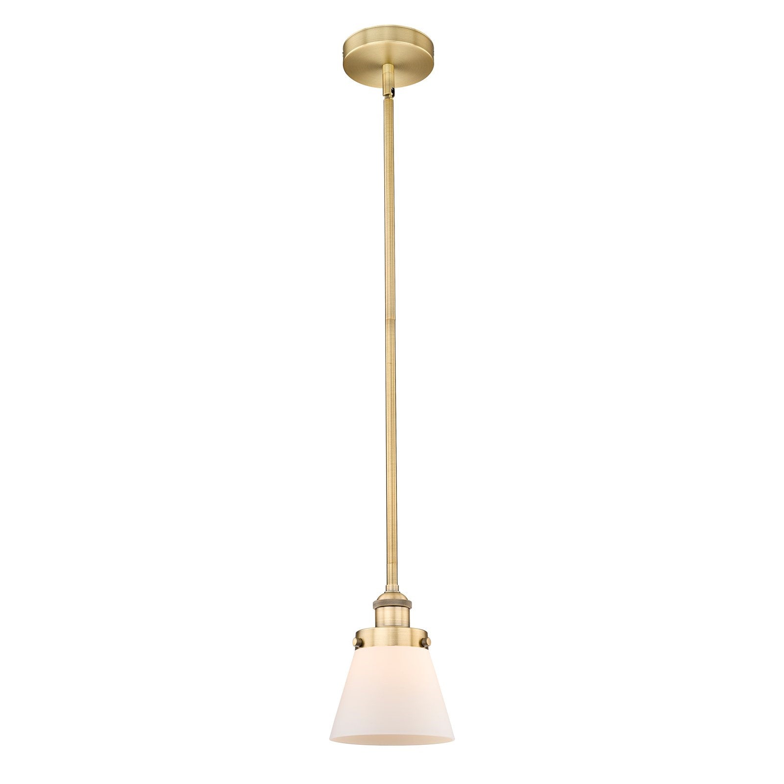 Innovations Cone 6.25in 1-Light Mini Pendant | Industrial Brushed Brass Steel and Matte White Frosted Glass | Kitchen Island & | Model 616-1SH-BB-G61