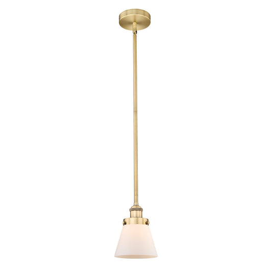 Innovations Cone 6.25in 1-Light Mini Pendant | Industrial Brushed Brass Steel and Matte White Frosted Glass | Kitchen Island & | Model 616-1SH-BB-G61-LED