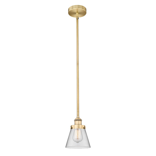 Innovations Cone 6.25in 1-Light Mini Pendant | Industrial Brushed Brass Steel and Clear Glass | Kitchen Island & Dining Room | 6.25 | Model 616-1SH-BB-G62