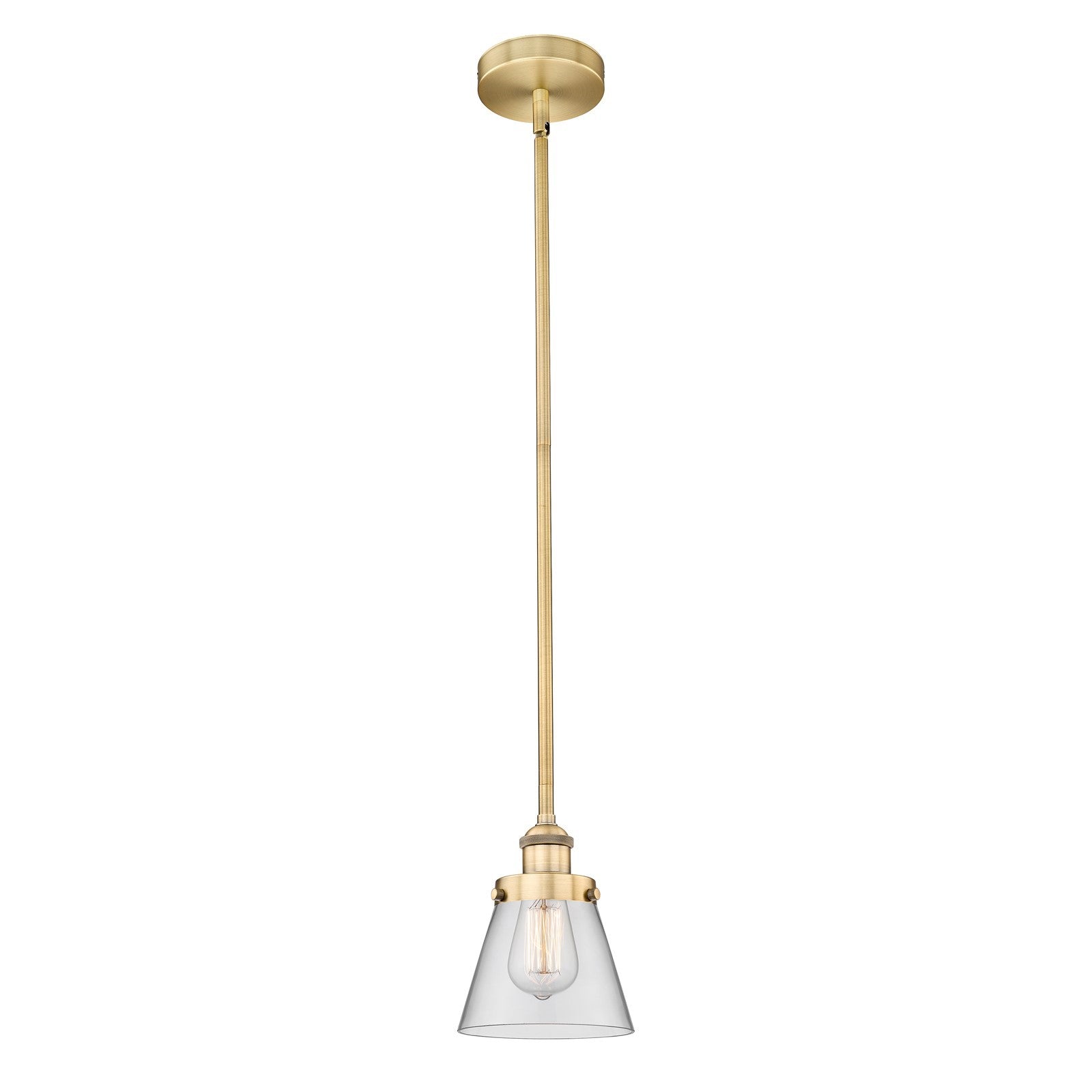 Innovations Cone 6.25in 1-Light Mini Pendant | Industrial Brushed Brass Steel and Clear Glass | Kitchen Island & Dining Room | Model 616-1SH-BB-G62-LED