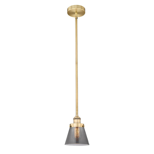 Innovations Cone 6.25in 1-Light Mini Pendant | Industrial Brushed Brass Steel and Light Smoke Glass | Kitchen Island & Dining Room | Model 616-1SH-BB-G63