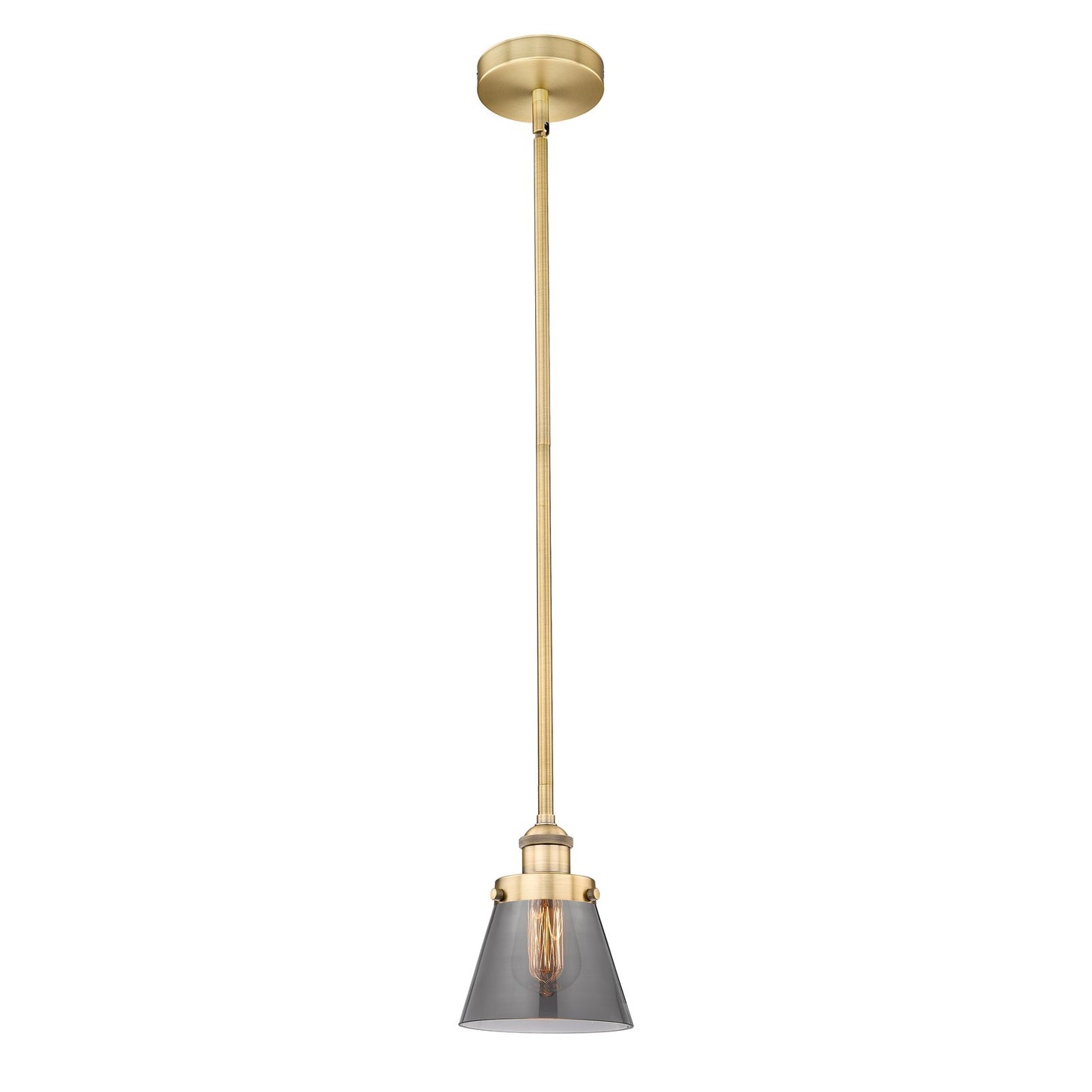 Innovations Cone 6.25in 1-Light Mini Pendant | Industrial Brushed Brass Steel and Light Smoke Glass | Kitchen Island & Dining | Model 616-1SH-BB-G63-LED