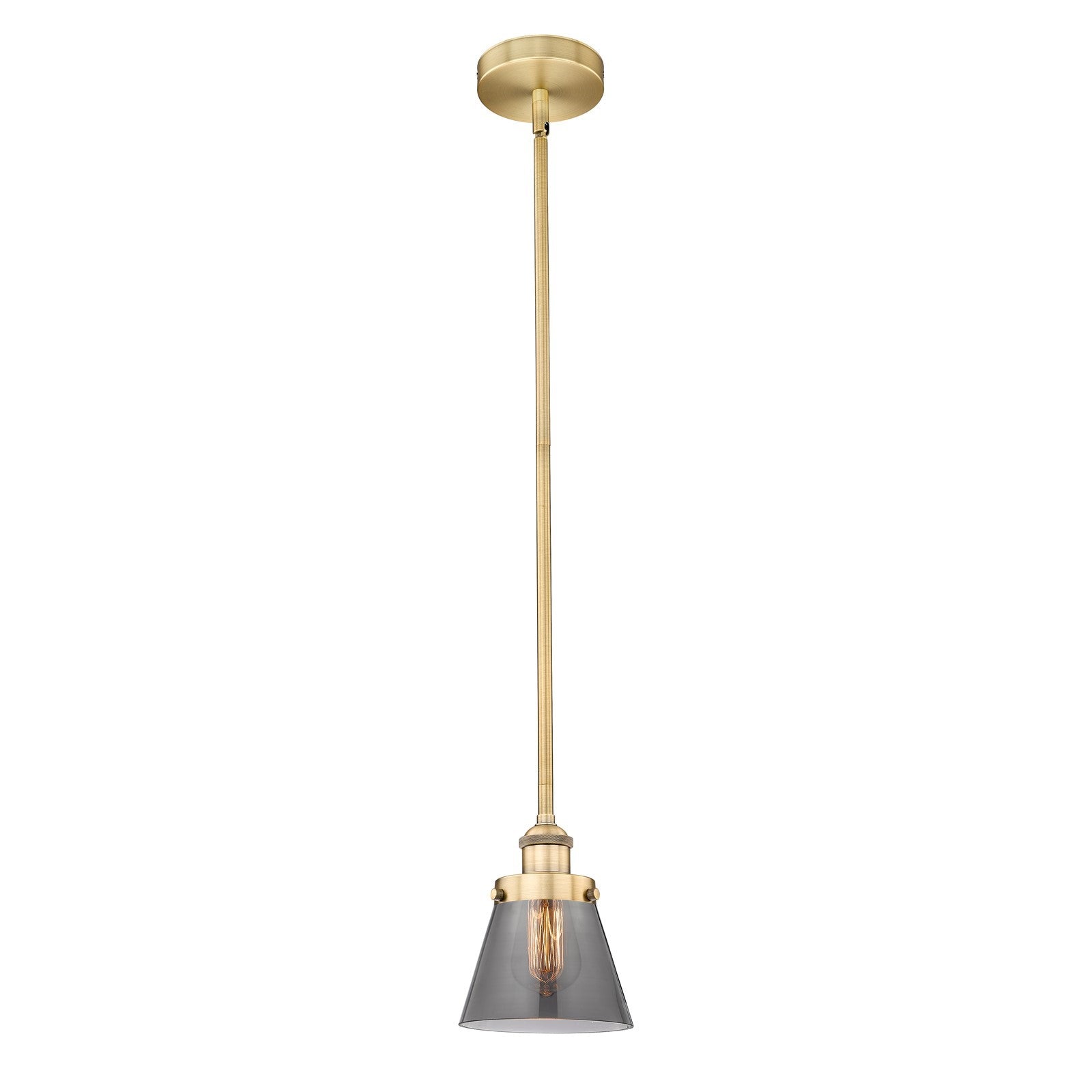 Innovations Cone 6.25in 1-Light Mini Pendant | Industrial Brushed Brass Steel and Light Smoke Glass | Kitchen Island & Dining | Model 616-1SH-BB-G63-LED