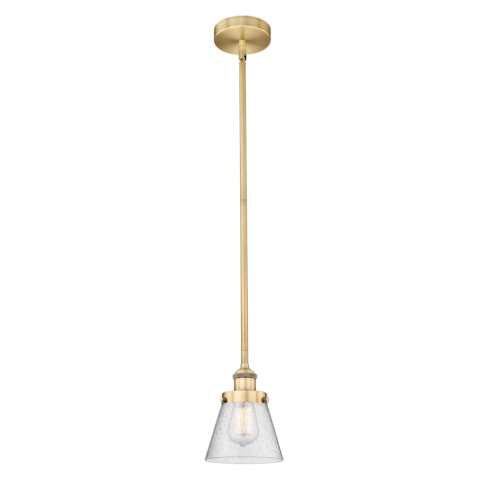 Innovations Cone 6.25in 1-Light Mini Pendant | Industrial Brushed Brass Steel and Seedy Glass | Kitchen Island & Dining Room | Model 616-1SH-BB-G64-LED