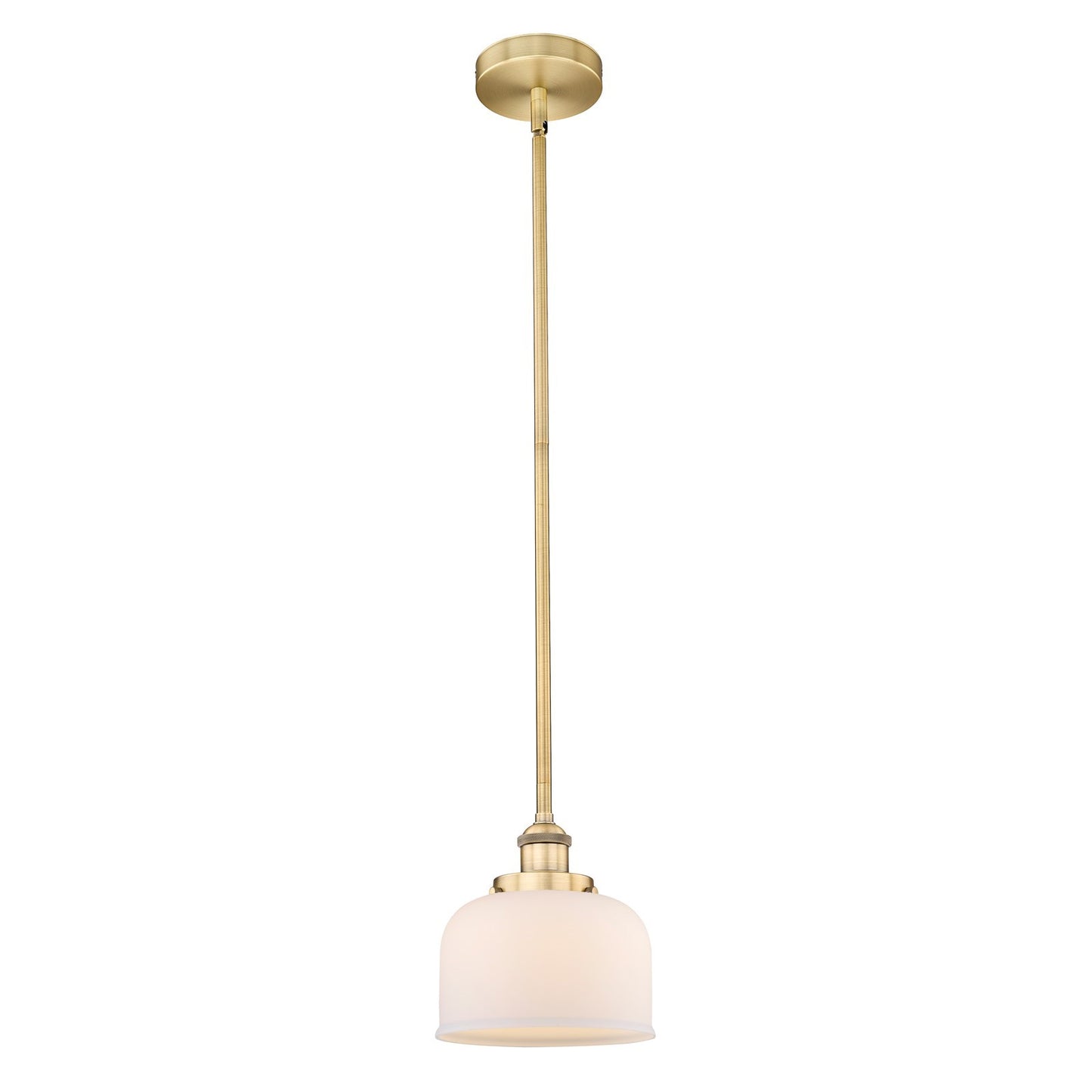 Innovations Bell 8in 1-Light Mini Pendant | Industrial Brushed Brass and Matte White Frosted Glass | Kitchen Island & Dining Room | Model 616-1SH-BB-G71