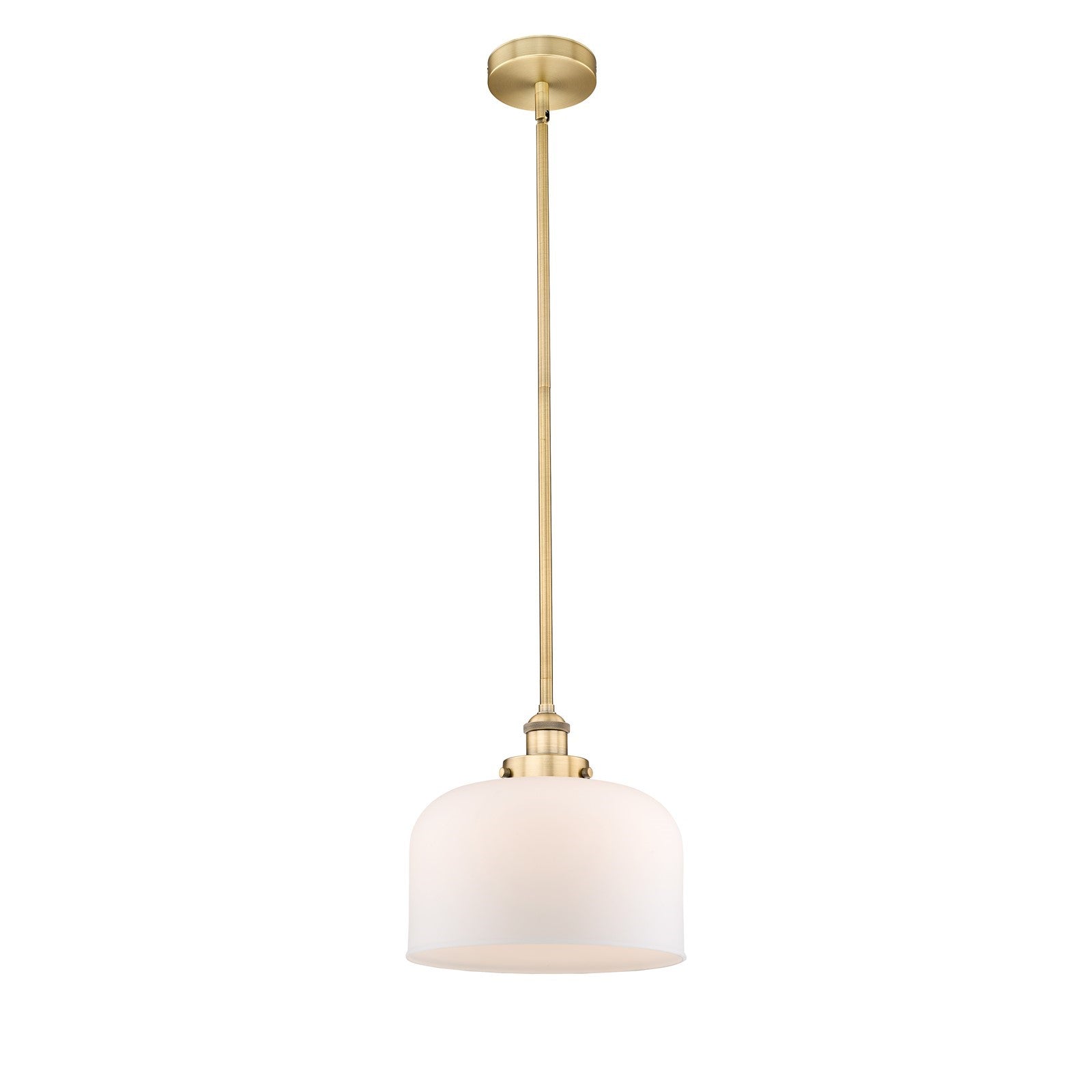 Innovations Bell 12in 1-Light Mini Pendant | Industrial Brushed Brass and Matte White Frosted Glass | Kitchen Island & Dining | Model 616-1SH-BB-G71-L