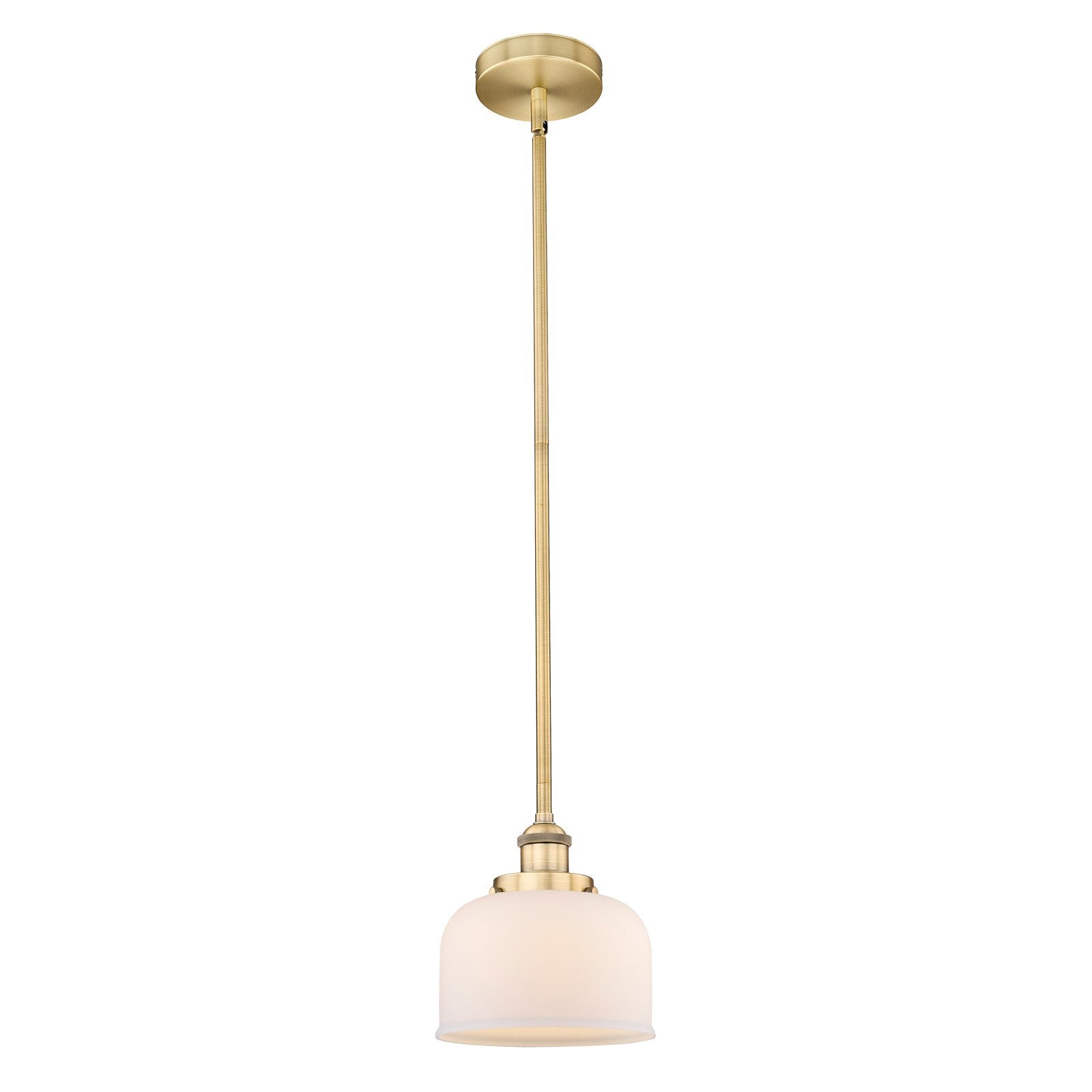 Innovations Bell 8in 1-Light Mini Pendant | Industrial Brushed Brass Steel and Matte White Frosted Glass | Kitchen Island & | Model 616-1SH-BB-G71-LED