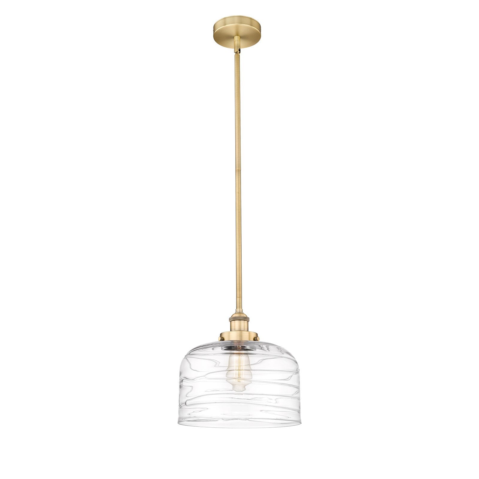 Innovations Bell 12in 1-Light Mini Pendant | Industrial Brushed Brass Steel and Clear Deco Swirl Glass | Kitchen Island & Dining | Model 616-1SH-BB-G713-L