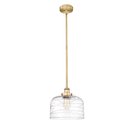 Innovations Bell 12in 1-Light Mini Pendant | Industrial Brushed Brass Steel and Clear Deco Swirl Glass | Kitchen Island & Dining | Model 616-1SH-BB-G713-L