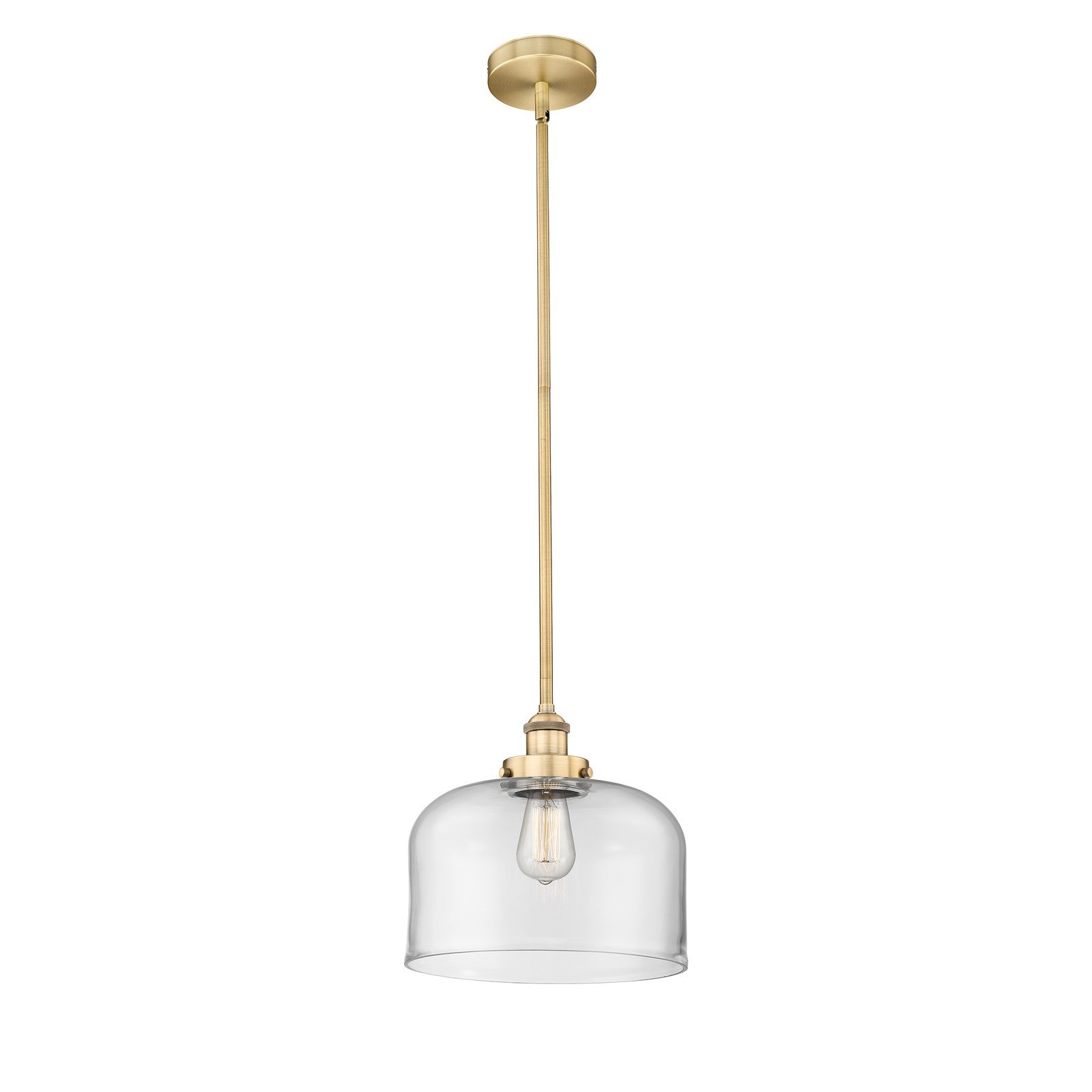 Innovations Bell 12in 1-Light Mini Pendant | Industrial Brushed Brass Steel and Clear Glass | Kitchen Island & Dining Room | 11.5 | Model 616-1SH-BB-G72-L