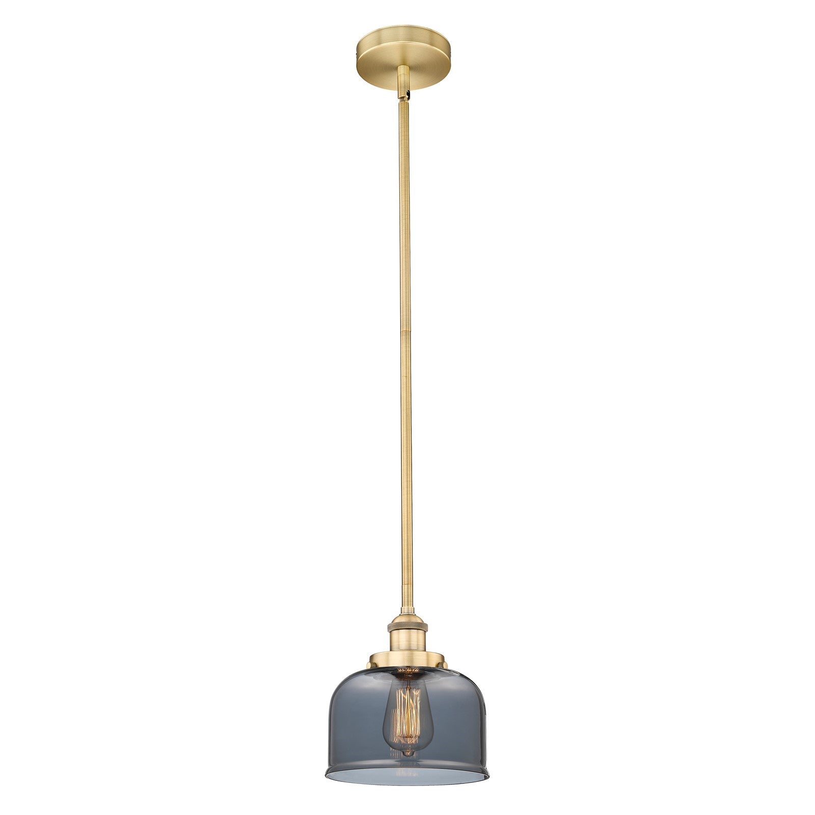 Innovations Bell 8in 1-Light Mini Pendant | Industrial Brushed Brass and Light Smoke Glass | Kitchen Island & Dining Room | 7.75 x | Model 616-1SH-BB-G73