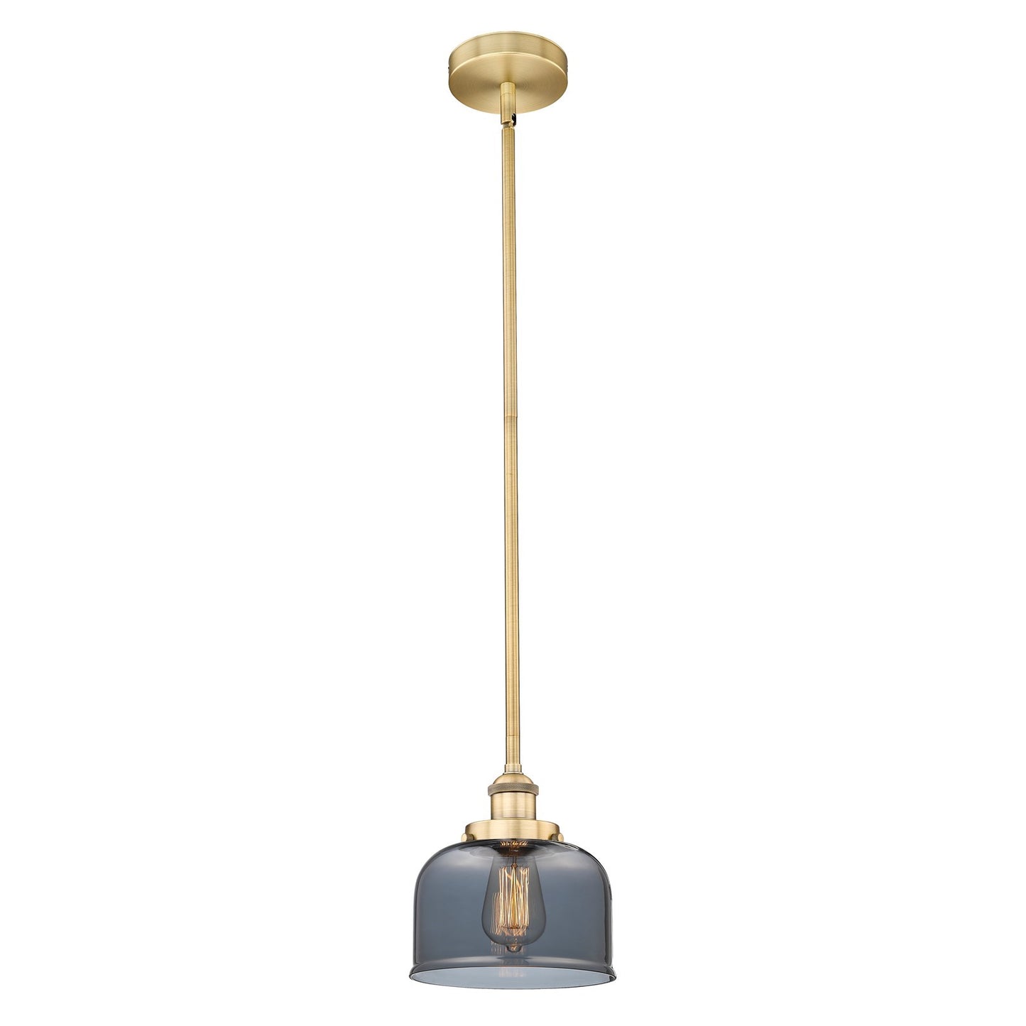 Innovations Bell 8in 1-Light Mini Pendant | Industrial Brushed Brass and Light Smoke Glass | Kitchen Island & Dining Room | 7.75 x | Model 616-1SH-BB-G73