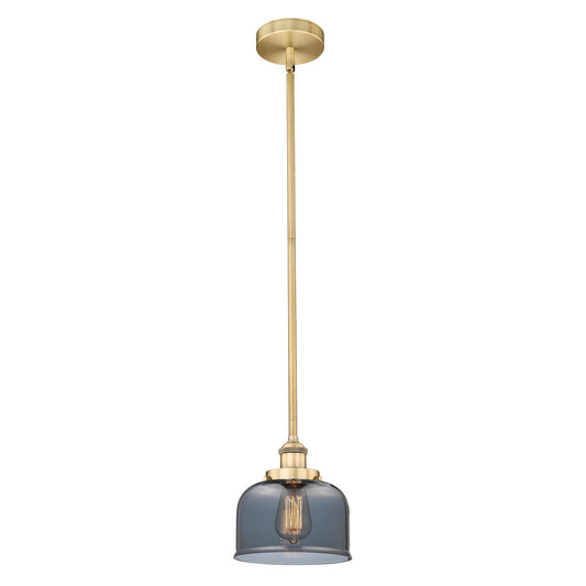 Innovations Bell 8in 1-Light Mini Pendant | Industrial Brushed Brass and Light Smoke Glass | Kitchen Island & Dining Room | 7.75 x | Model 616-1SH-BB-G73