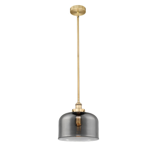 Innovations Bell 12in 1-Light Mini Pendant | Industrial Brushed Brass Steel and Light Smoke Glass | Kitchen Island & Dining | Model 616-1SH-BB-G73-L-LED