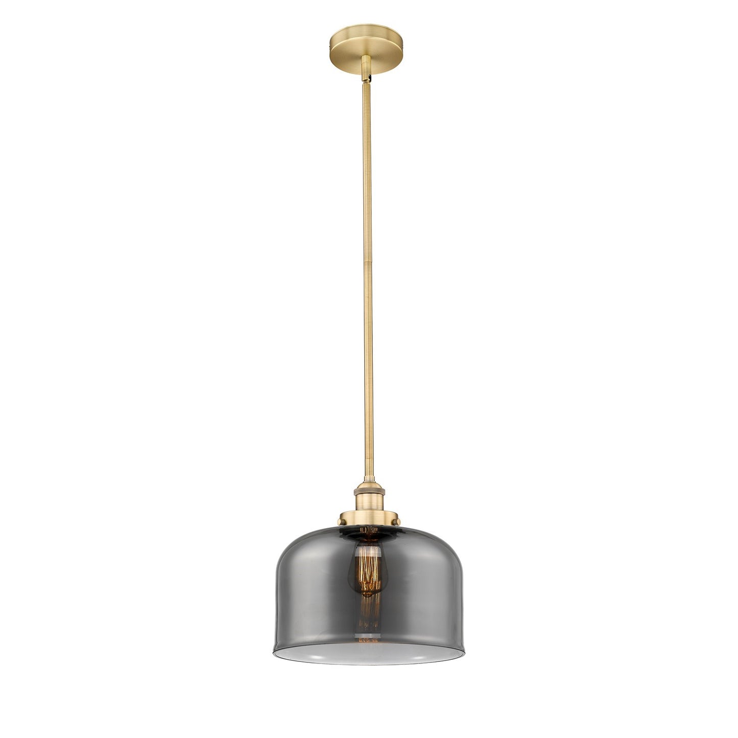 Innovations Bell 12in 1-Light Mini Pendant | Industrial Brushed Brass Steel and Light Smoke Glass | Kitchen Island & Dining | Model 616-1SH-BB-G73-L-LED