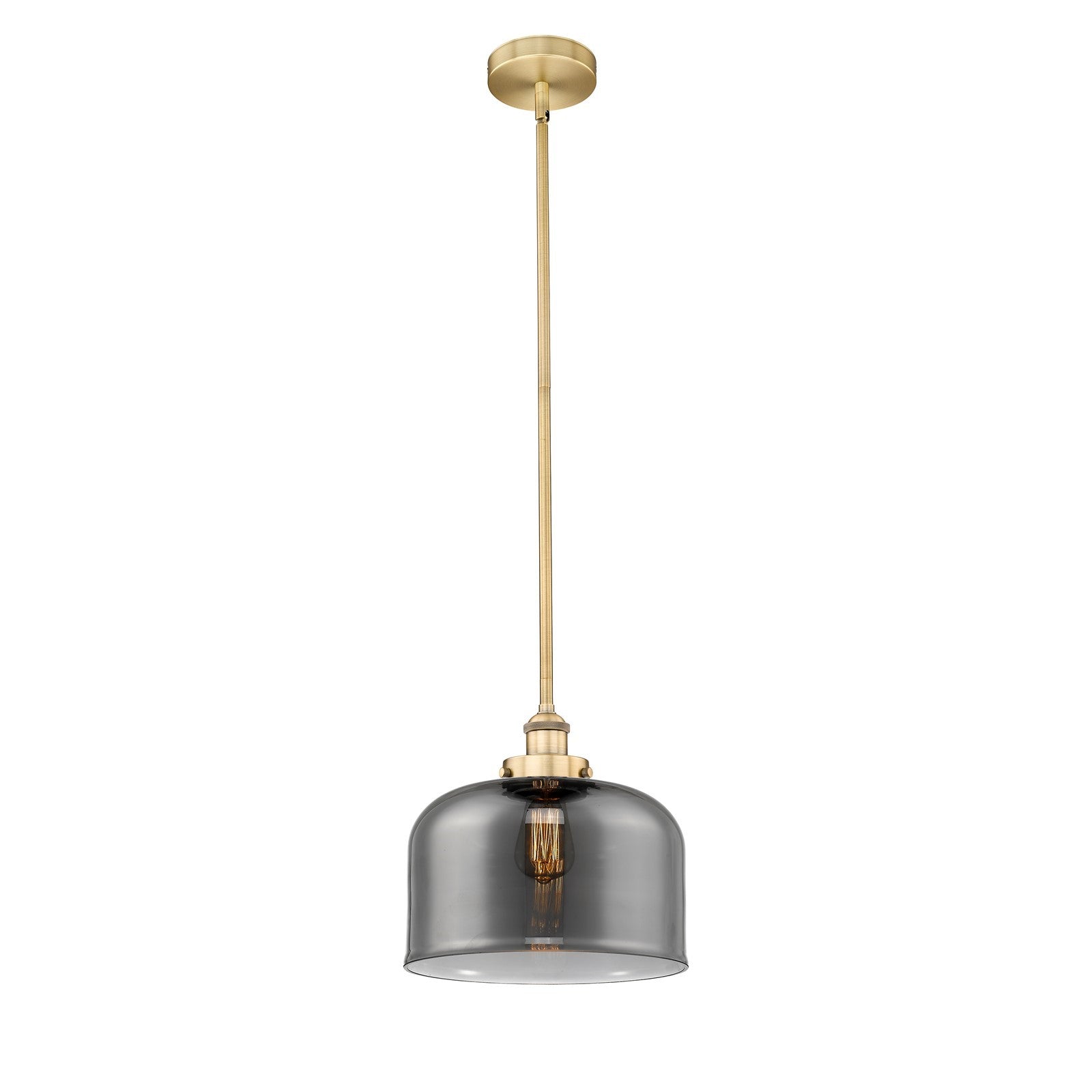 Innovations Bell 12in 1-Light Mini Pendant | Industrial Brushed Brass Steel and Light Smoke Glass | Kitchen Island & Dining | Model 616-1SH-BB-G73-L-LED