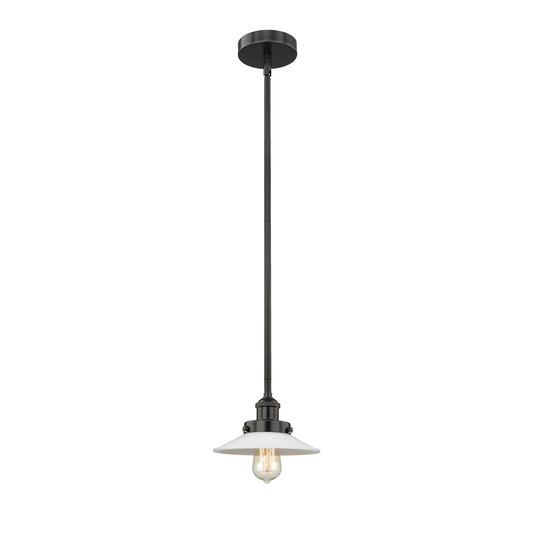 Innovations Halophane 9in 1-Light Mini Pendant | Industrial Matte Black Steel and Matte White Halophane Glass | Kitchen Island & | Model 616-1SH-BK-G1