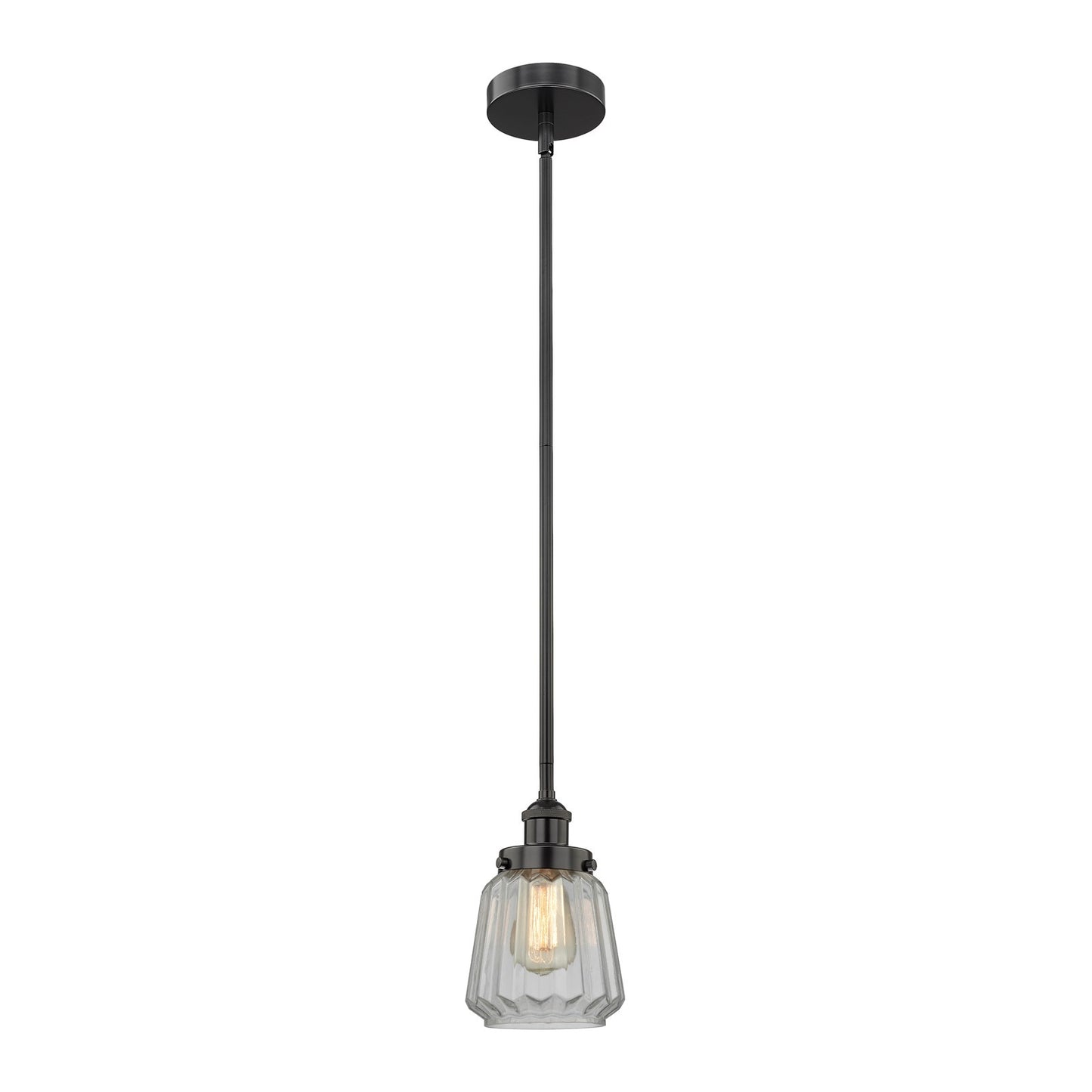 Innovations Chatham 7in 1-Light Mini Pendant | Art Deco Industrial Matte Black Steel and Clear Ribbed Glass | Kitchen Island & | Model 616-1SH-BK-G142