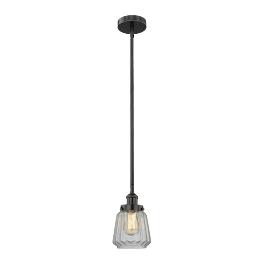 Innovations Chatham 7in 1-Light Mini Pendant | Art Deco Industrial Matte Black Steel and Clear Ribbed Glass | Kitchen Island & | Model 616-1SH-BK-G142-LED