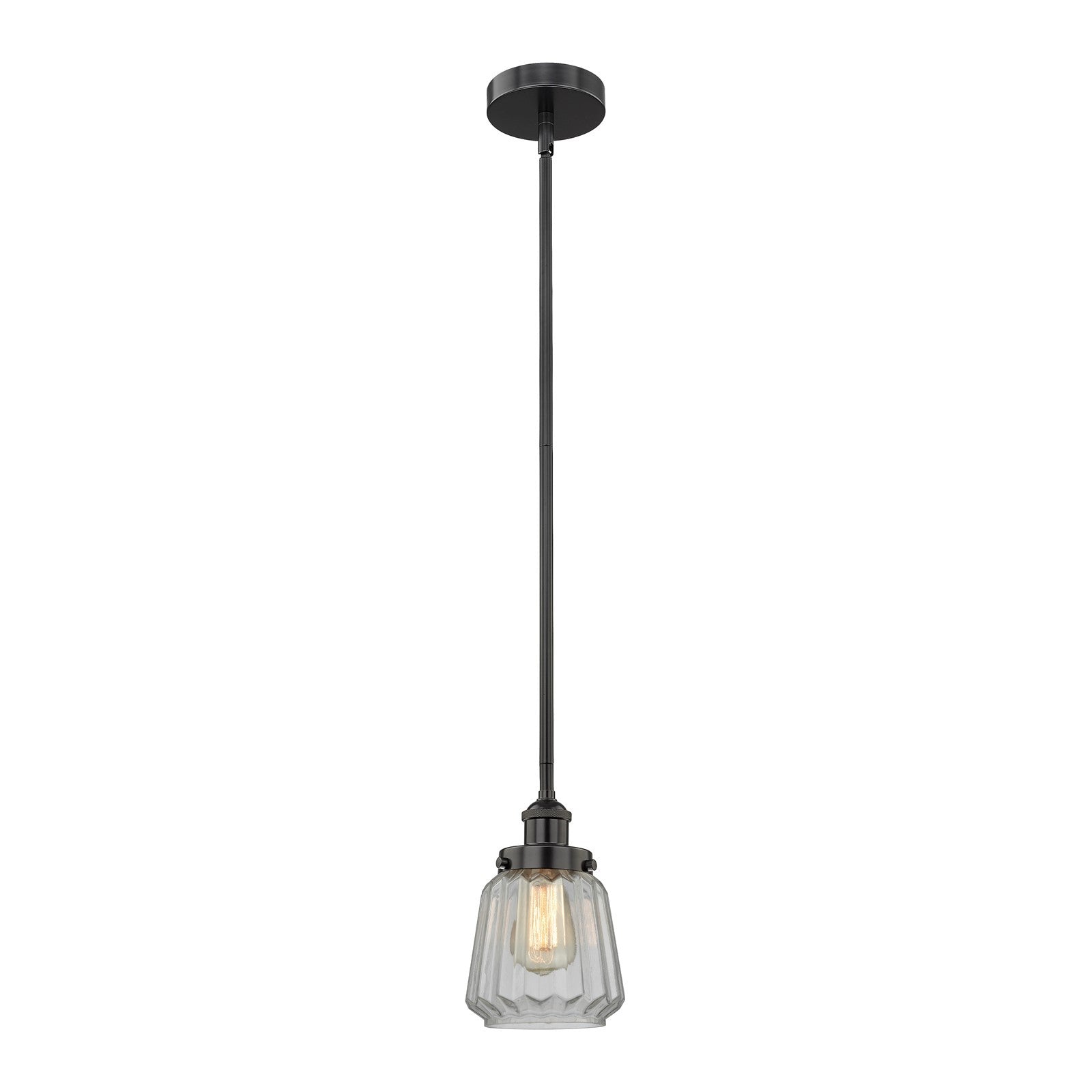 Innovations Chatham 7in 1-Light Mini Pendant | Art Deco Industrial Matte Black Steel and Clear Ribbed Glass | Kitchen Island & | Model 616-1SH-BK-G142-LED