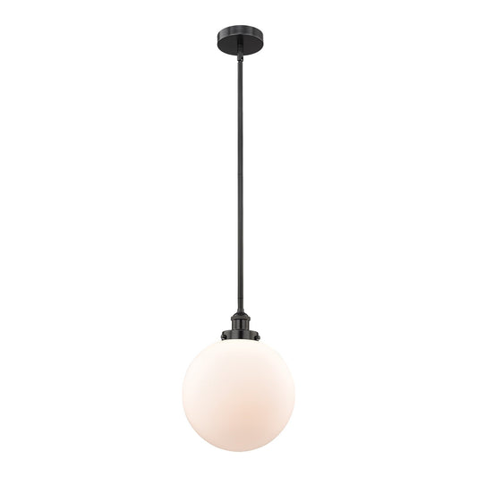 Innovations Beacon 12in 1-Light Mini Pendant | Industrial Matte Black Steel and Matte White Frosted Glass | Kitchen Island & | Model 616-1SH-BK-G201-12