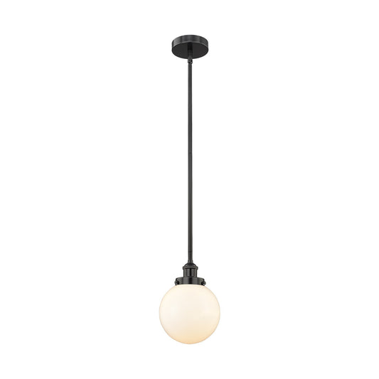 Innovations Beacon 8in 1-Light Mini Pendant | Industrial Matte Black Steel and Matte White Frosted Glass | Kitchen Island & | Model 616-1SH-BK-G201-8