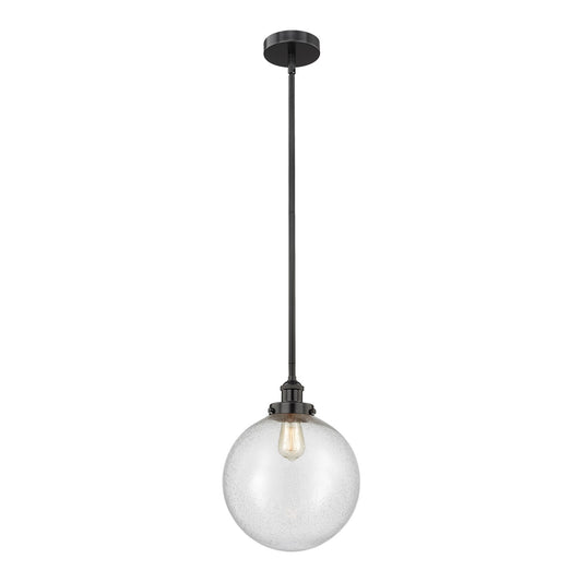 Innovations Beacon 12in 1-Light Mini Pendant | Industrial Matte Black Steel and Seedy Glass | Kitchen Island & Dining Room | Model 616-1SH-BK-G204-12-LED