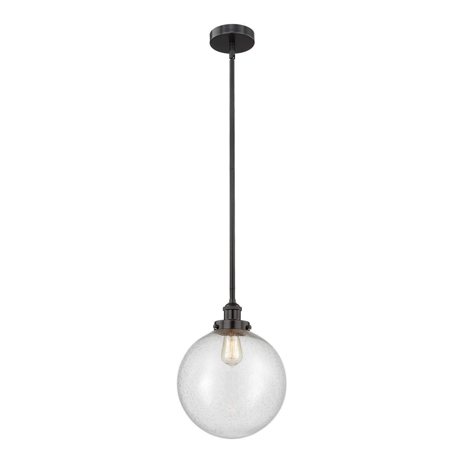 Innovations Beacon 12in 1-Light Mini Pendant | Industrial Matte Black Steel and Seedy Glass | Kitchen Island & Dining Room | Model 616-1SH-BK-G204-12-LED
