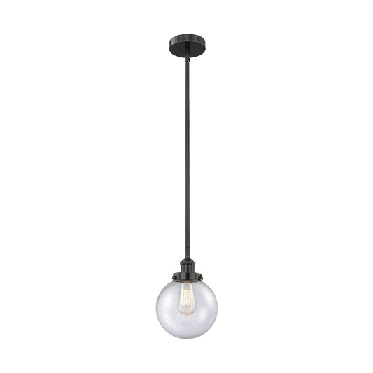 Innovations Beacon 8in 1-Light Mini Pendant | Industrial Matte Black Steel and Seedy Glass | Kitchen Island & Dining Room | 8 x | Model 616-1SH-BK-G204-8