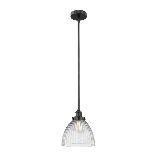 Innovations Seneca Falls 1-Light Mini Pendant | Industrial Matte Black Steel and Clear Halophane Glass | Kitchen Island & Dining | Model 616-1SH-BK-G222