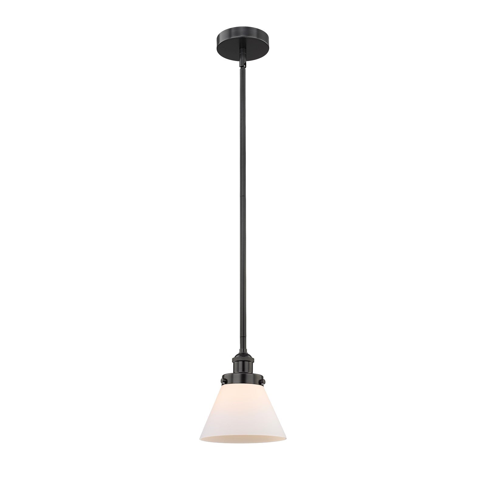 Innovations Cone 8in 1-Light Mini Pendant | Industrial Matte Black Steel and Matte White Frosted Glass | Kitchen Island & Dining | Model 616-1SH-BK-G41