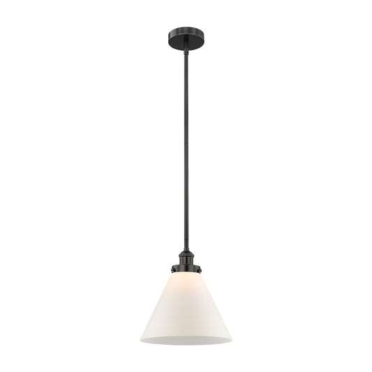 Innovations Cone 12in 1-Light Mini Pendant | Industrial Matte Black Steel and Matte White Frosted Glass | Kitchen Island & | Model 616-1SH-BK-G41-L-LED