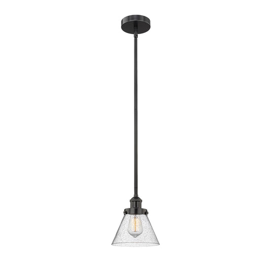 Innovations Cone 1-Light 7.75in Mini Pendant | Industrial Farmhouse Matte Black Steel and Seedy Glass | Kitchen Island & Dining | Model 616-1SH-BK-G44-LED