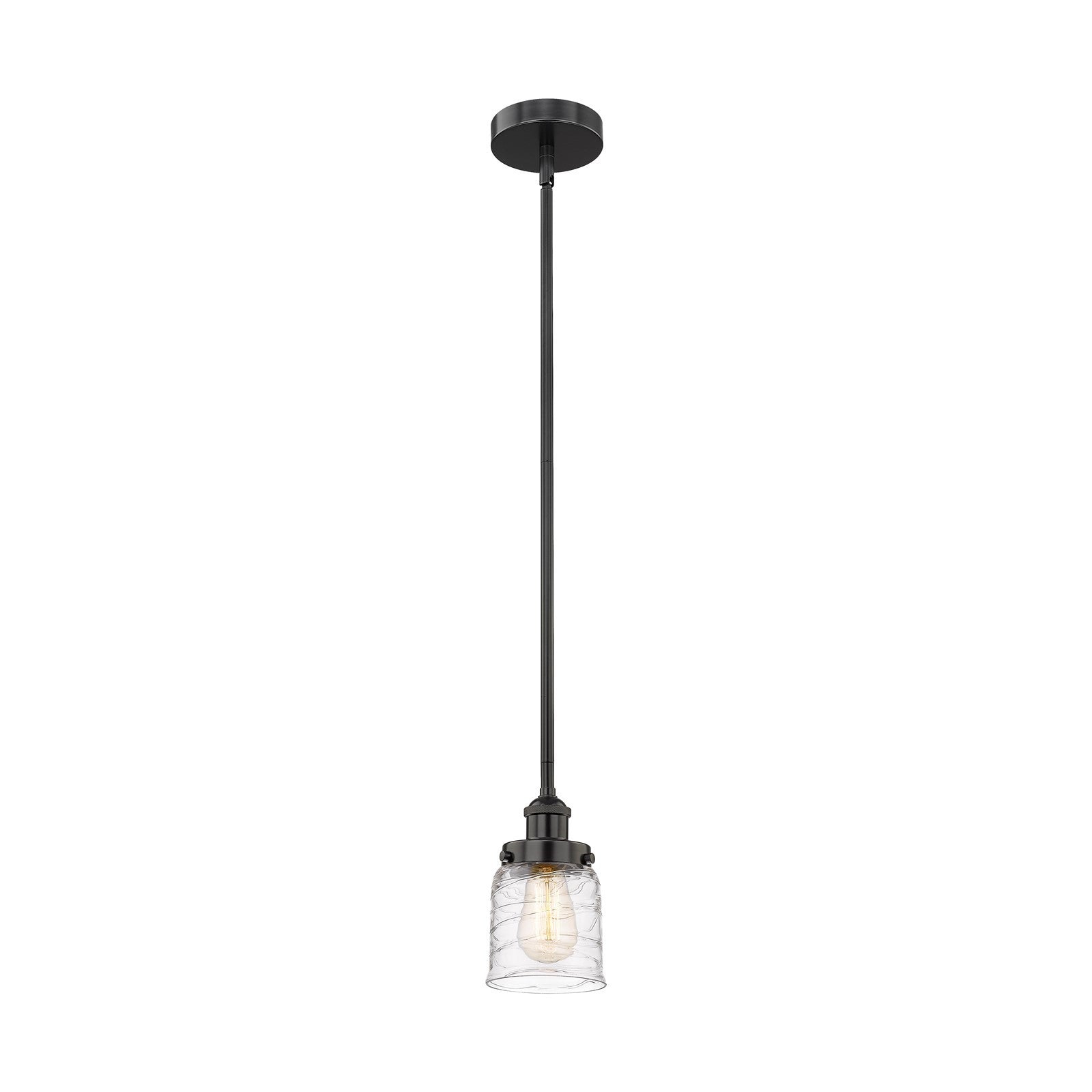 Innovations Bell 5in 1-Light Mini Pendant | Industrial Matte Black Steel and Clear Deco Swirl Glass | Kitchen Island & Dining | Model 616-1SH-BK-G513-LED