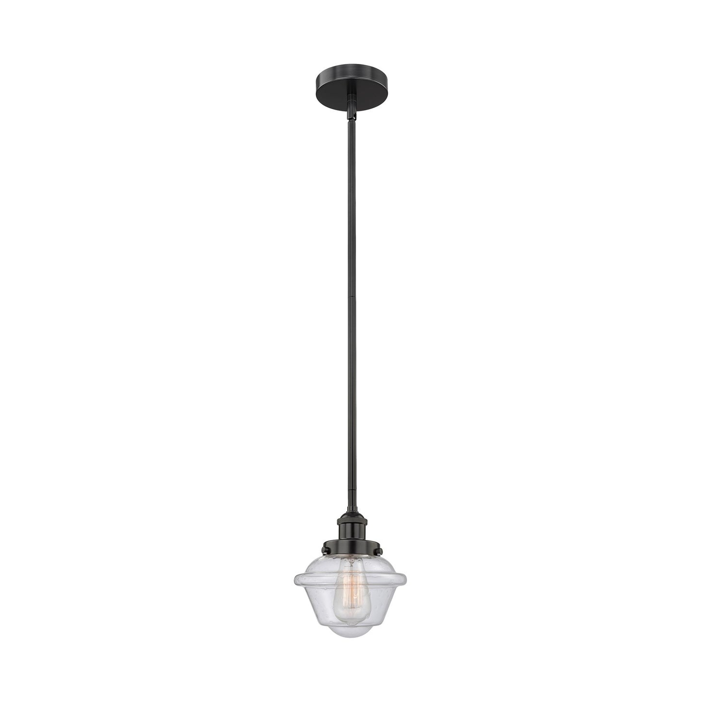 Innovations Oxford 7.25in 1-Light Mini Pendant | Traditional Matte Black Steel and Seedy Glass | Kitchen Island & Dining Room | Model 616-1SH-BK-G534-LED