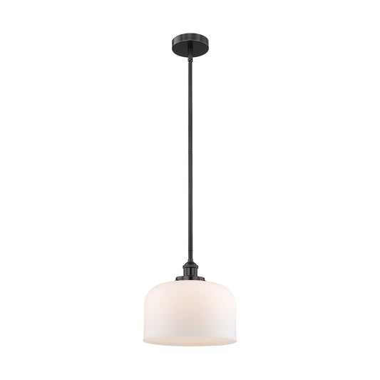 Innovations Bell 12in 1-Light Mini Pendant | Industrial Matte Black Steel and Matte White Frosted Glass | Kitchen Island & Dining | Model 616-1SH-BK-G71-L
