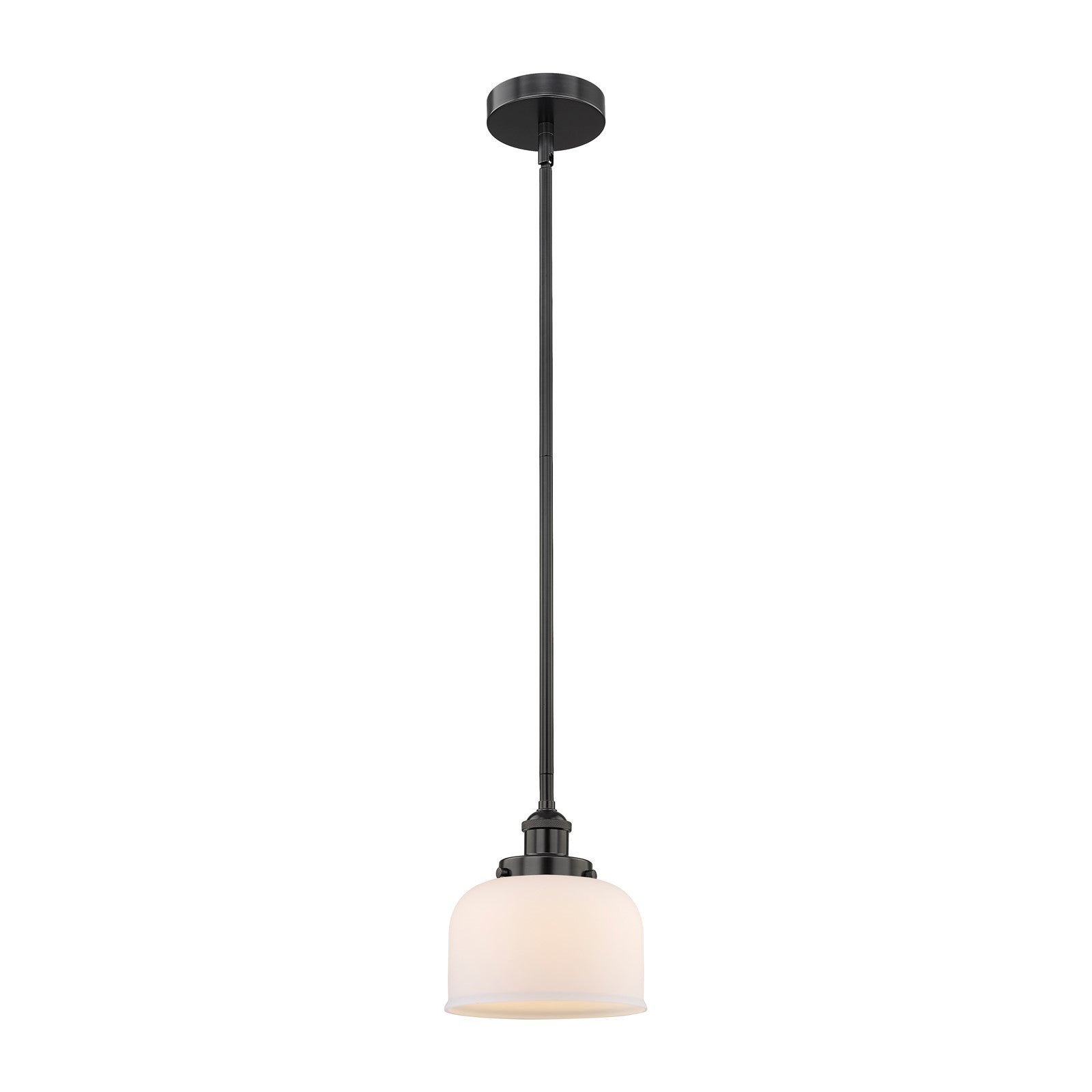 Innovations Bell 8in 1-Light Mini Pendant | Industrial Matte Black Steel and Matte White Frosted Glass | Kitchen Island & | Model 616-1SH-BK-G71-LED