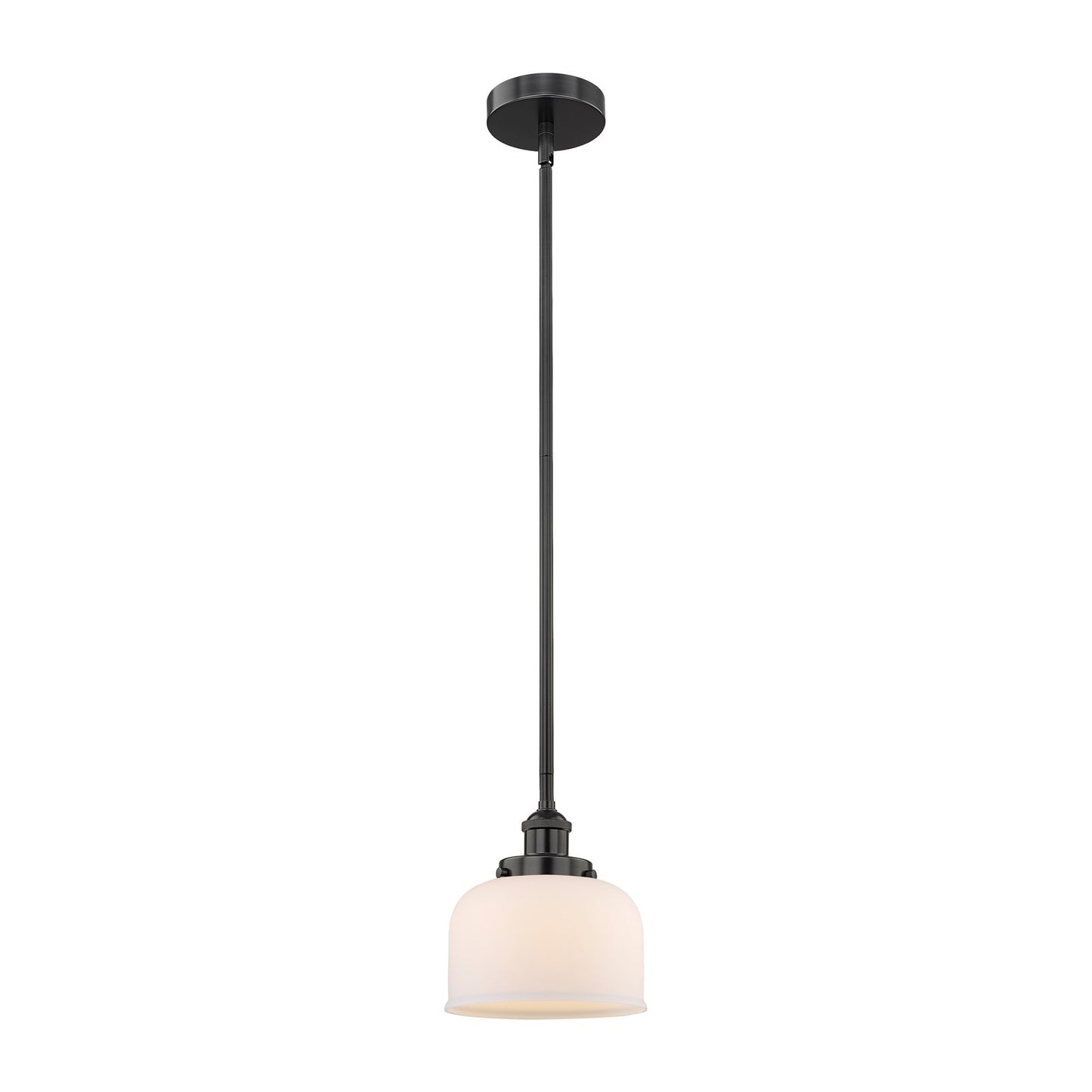 Innovations Bell 8in 1-Light Mini Pendant | Industrial Matte Black Steel and Matte White Frosted Glass | Kitchen Island & | Model 616-1SH-BK-G71-LED
