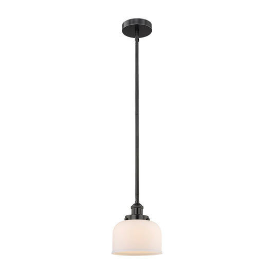 Innovations Bell 8in 1-Light Mini Pendant | Industrial Matte Black Steel and Matte White Frosted Glass | Kitchen Island & | Model 616-1SH-BK-G71-LED