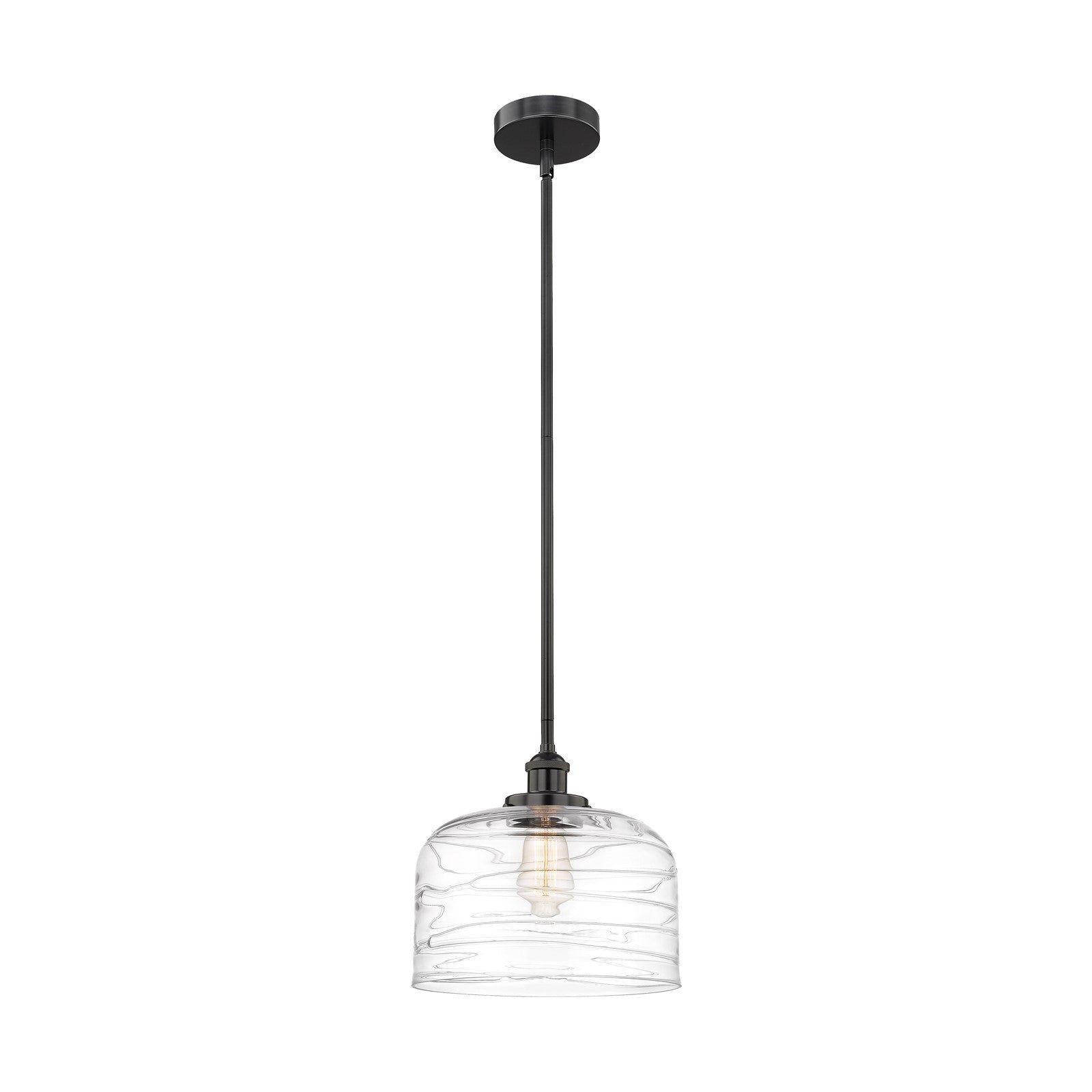 Innovations Bell 12in 1-Light Mini Pendant | Industrial Matte Black Steel and Clear Deco Swirl Glass | Kitchen Island & Dining | Model 616-1SH-BK-G713-L
